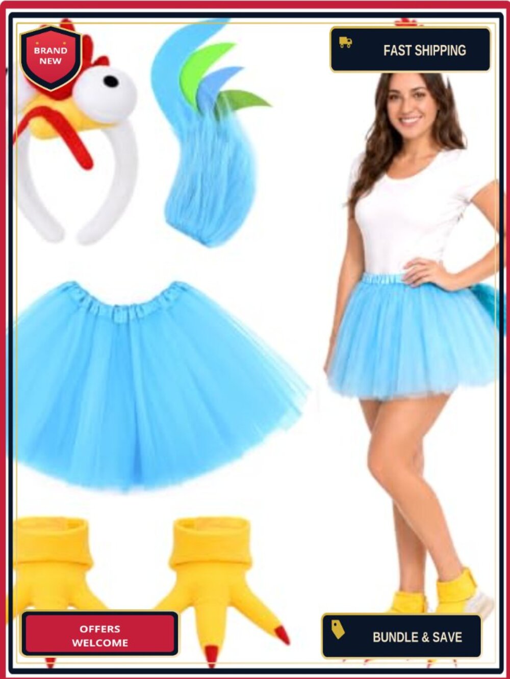 5 Pc Plush Chicken Costume Set Tutu Headband Tail Shoe Covers Halloween